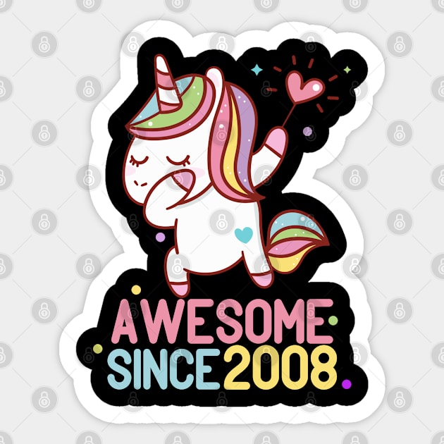 Awesome Since 2008 Dabbing Unicorn 12th Birthday Gift Sticker by BeHappy12